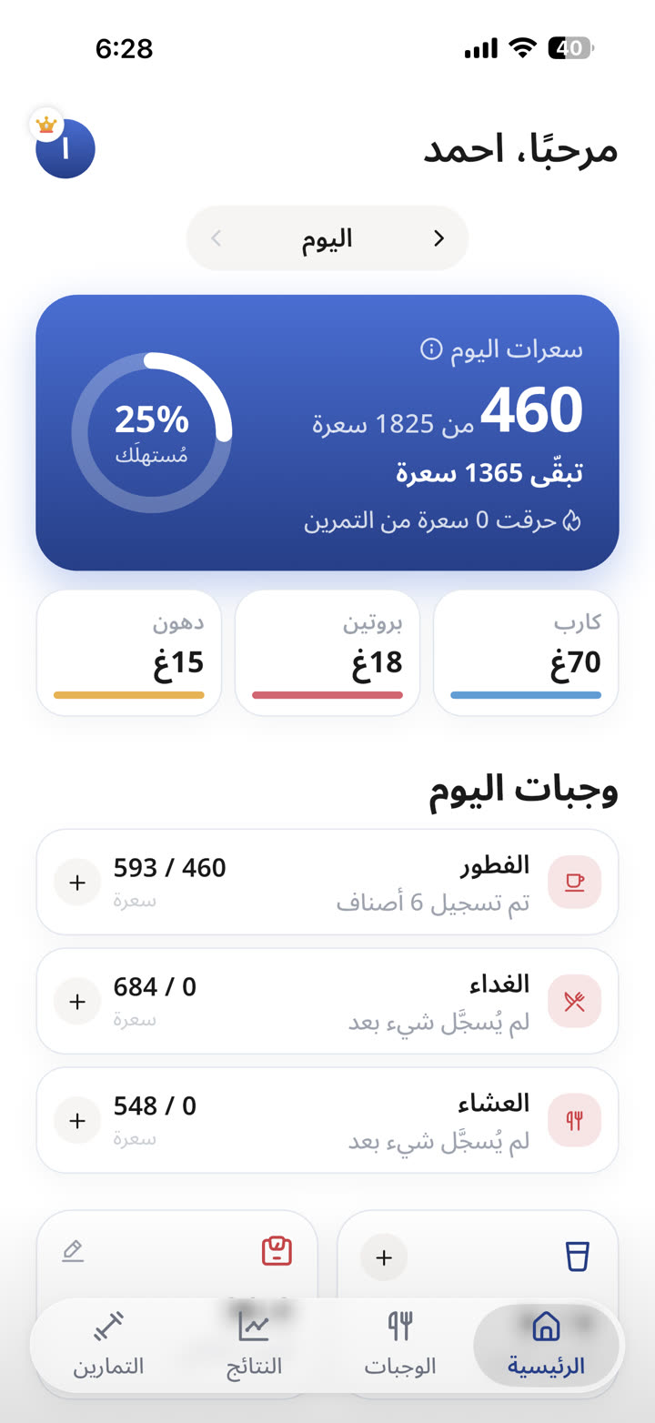صورة حقيقية: الشاشة الرئيسية مع ميزانية الوجبات